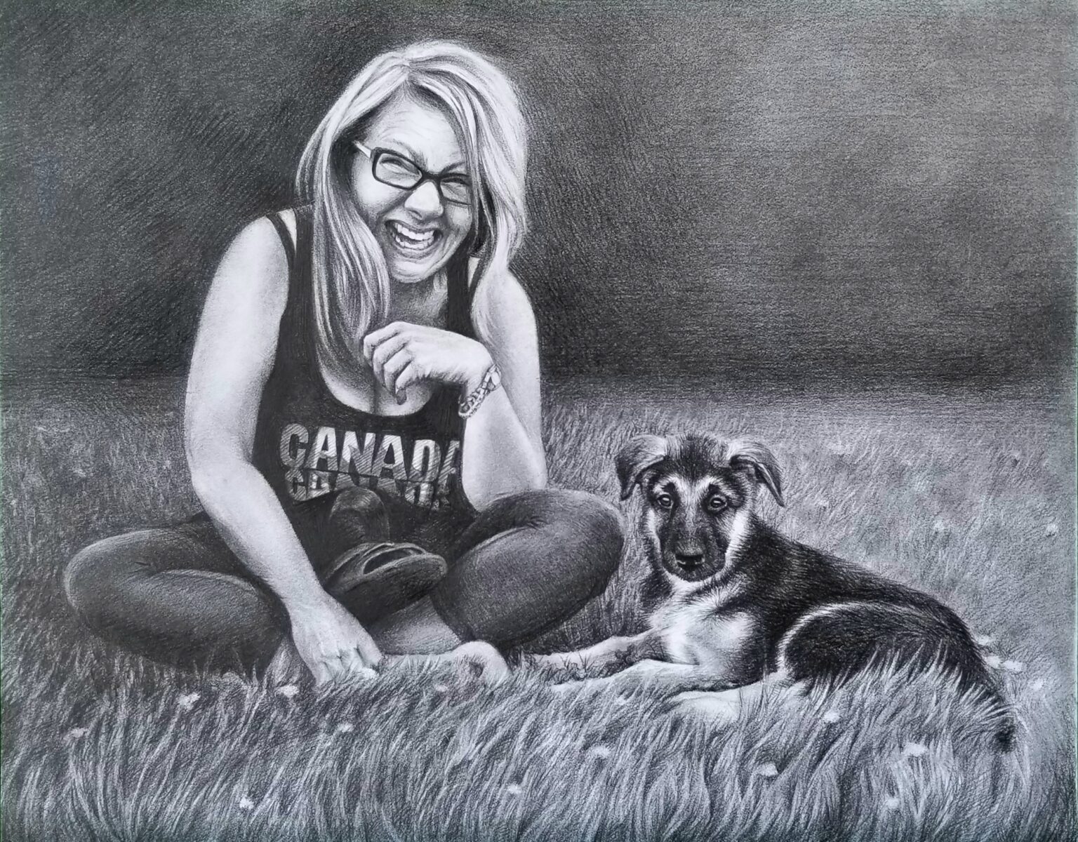 A woman with a dog, Pencil on canvas